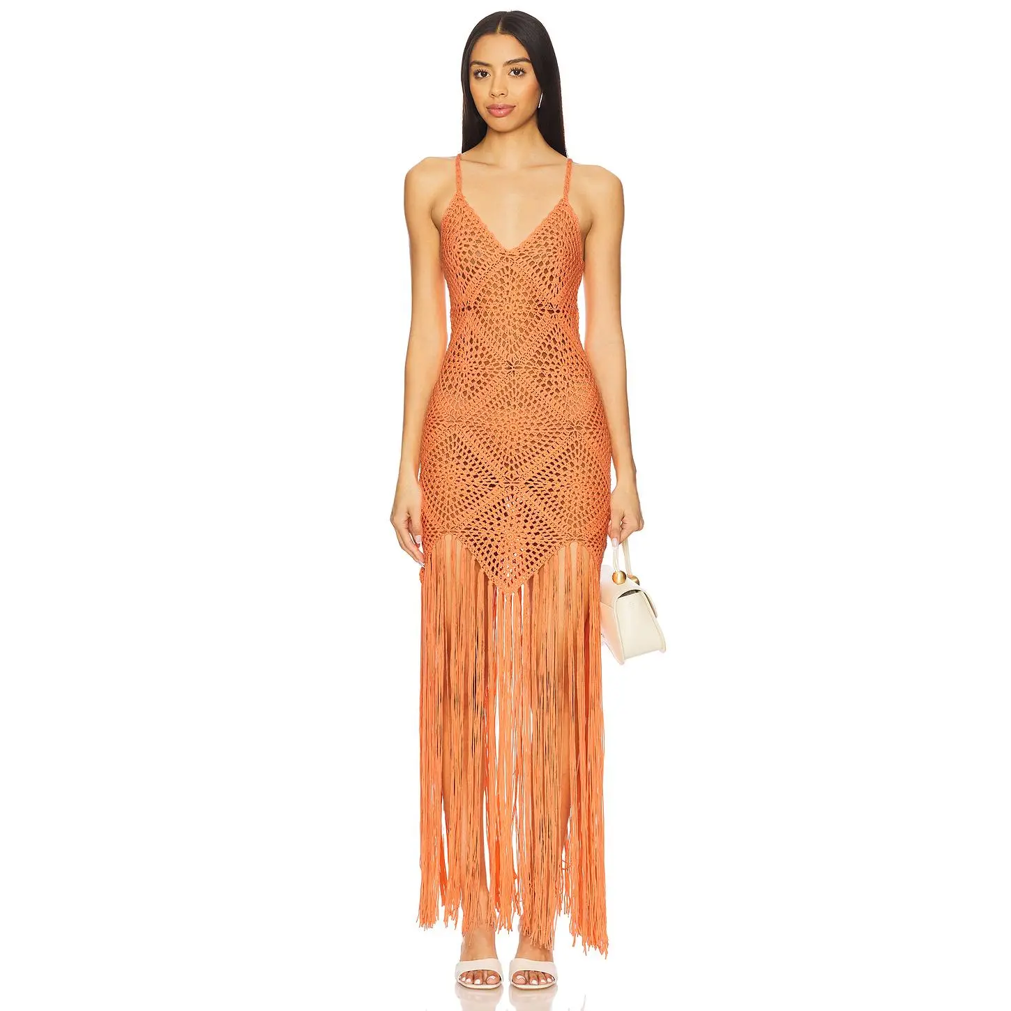 Line & Dot Wandering Crochet Dress in Coral