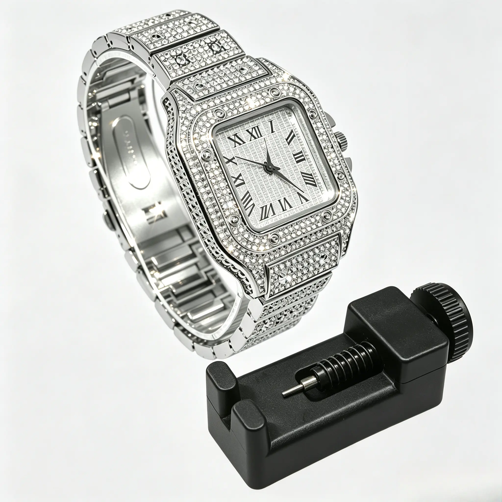 Men's Square Face Quartz Watch with Sky Dial, Stainless Steel Adjustable Band, Diamond Embellishments, Roman Numerals, Modern Casual Fashion Wristwatch, Includes Watch Strap Adjuster, Steel Strap