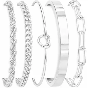 Sterling Silver Cuff Bangle Bracelet Set for Women Non Tarnish, Silver Chunky Cuban Link Chain Heart Love Infinity Tie Knot Paperclip Beaded Twist Rope Silver Bracelets Fashion Jewelry Gifts Set