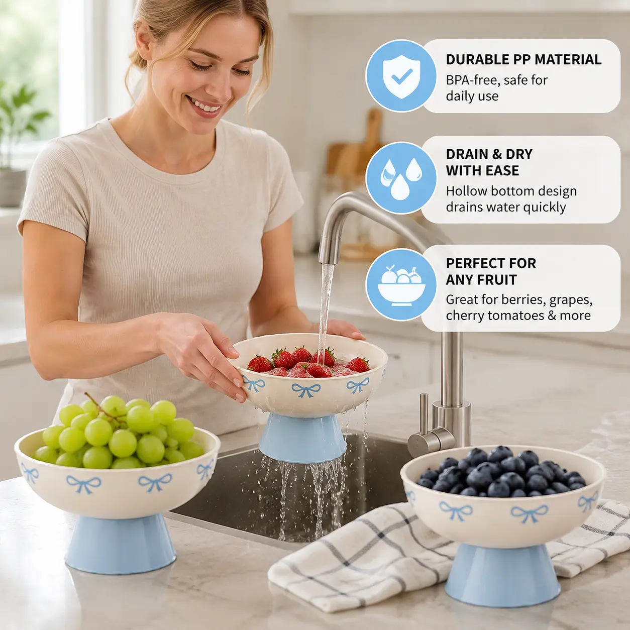 1-Count PP Plastic Detachable Raised Base Fruit Colander with Bow Print - Kitchen Sieve for Drainage, Rinsing Fresh Produce, Kitchen & Dining Room Utensil