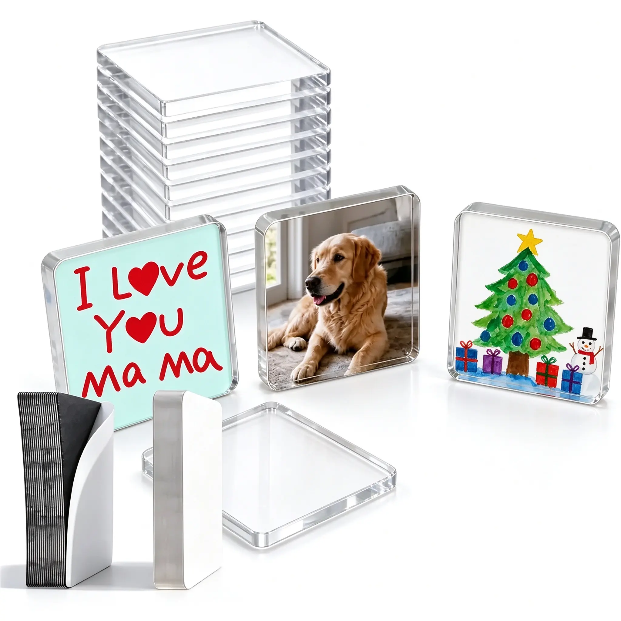 Transparent Magnetic Acrylic Photo Frames, 2-inch DIY Refrigerator Magnets with Self-Adhesive Backing, Clear Square Photocard Holders for Kids' Crafts, Family Photos & Handmade Gifts
