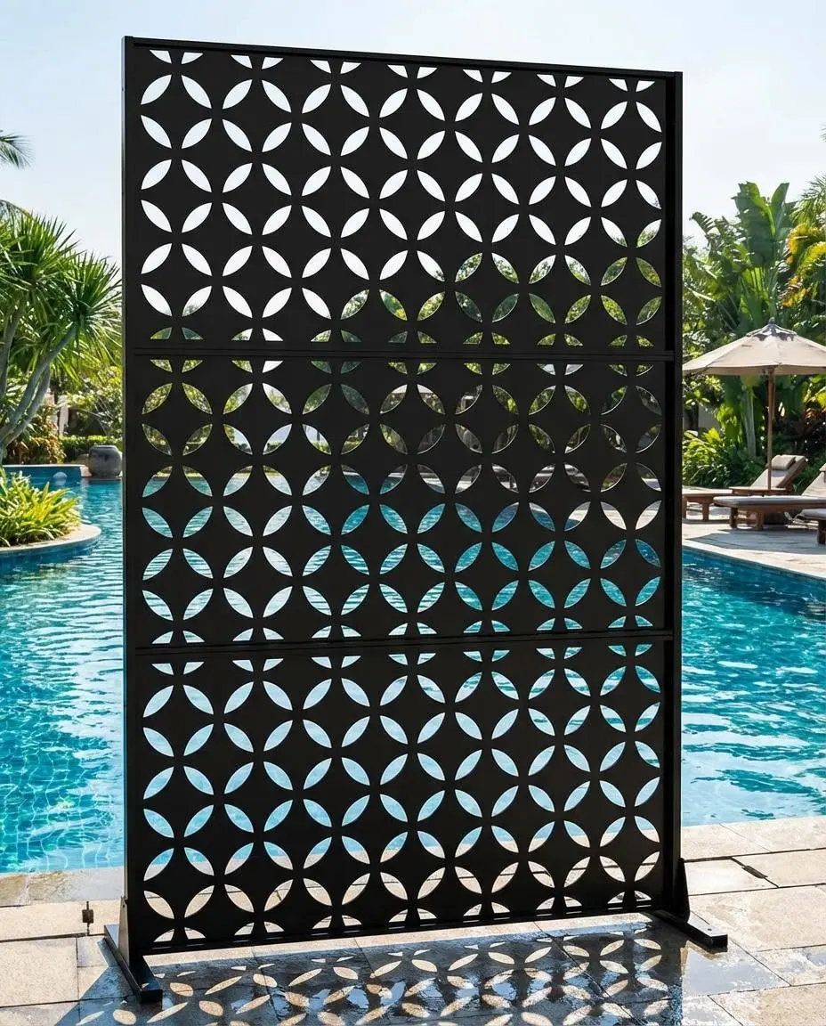 72"h × 47"w Freestanding Privacy Screen, Laser-Cut Metal Garden Divider Panel with Tropical Leaf Design, Corrosion Resistant Weatherproof Fence for Patio Deck with Easy DIY Installation-Square Money