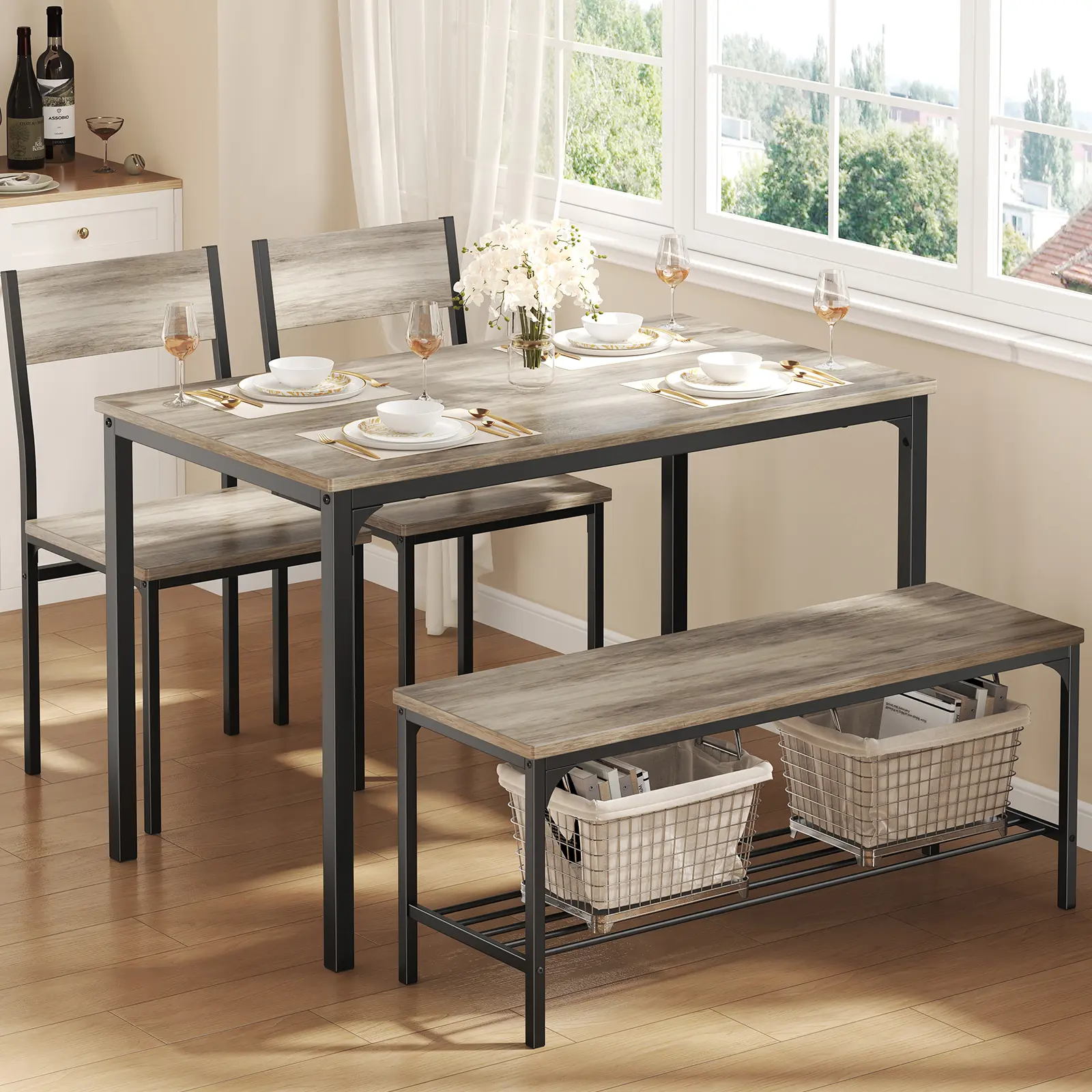 4-Seat Dining Table Set with Bench, Sturdy Durable Kitchen Table for Small Spaces, Ideal for Family Meals, Handicrafts and Home Office