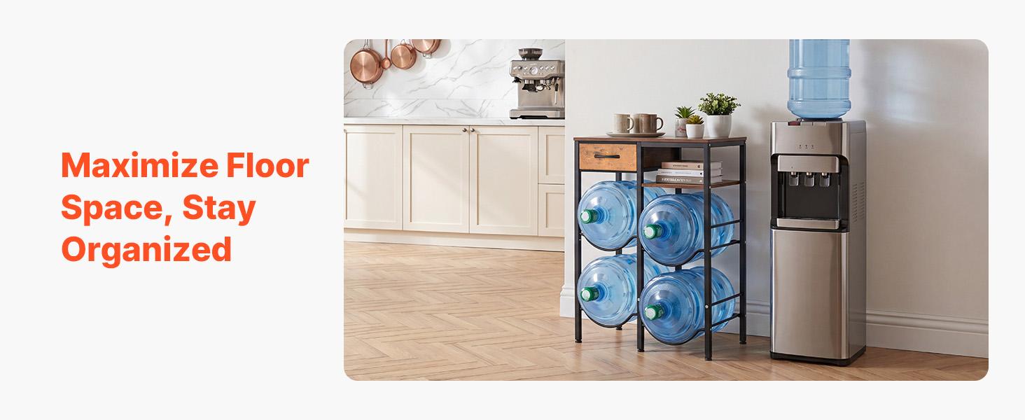 【summerfinds】VEVOR Water Jug Holder, 4 Tiers Double Rows 3 and 5 Gallon Water Bottle Holder for 4 Bottles, Heavy Duty Jug Rack Organizer with Storage Shelf and Drawer, for Kitchen, Living Room, Black and Brown 【summerfinds】VEVOR Water Jug Holder, 4 Tiers Double Rows 3 and 5 Gallon Water Bottle Holder for 4 Bottles, Heavy Duty Jug Rack Organizer with Storage Shelf and Drawer, for Kitchen, Living Room, Black and Brown