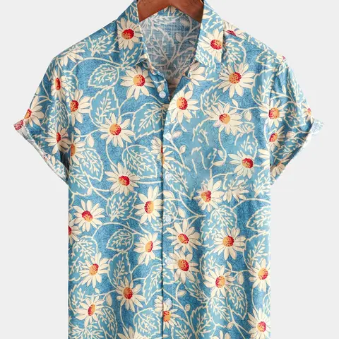Men's Vintage Floral Print Short Sleeve Shirt, Boho Casual Printed Shirt, Casual Regular Fit Button Up Shortsleeve Top for Summer, Men's Clothes for Beach Vacation, Beach Shirts, Menswear, Casual Style Shirt