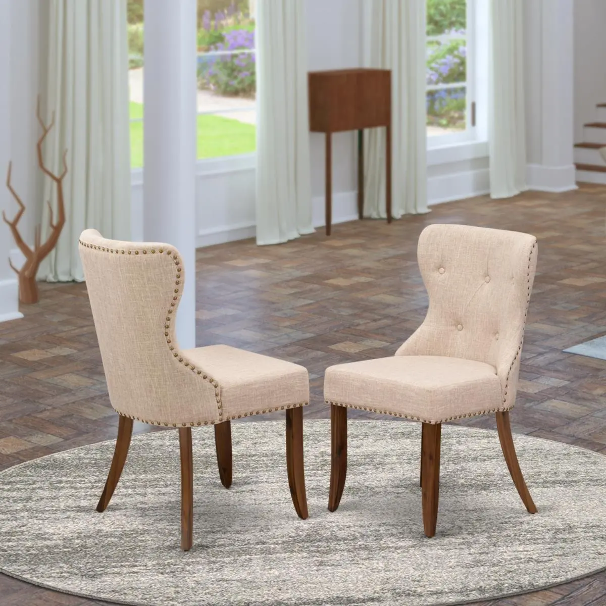 East West Furniture Sion Traditional Armless Dining Chairs (Set of 2) - Antique Walnut Hardwood Frame, Light Tan Linen Fabric Seat, Nail Head Trim, Button Tufted Back, Assembly Required, 35.5" H x 21.5" W x 19.5" L, 80 lbs, for Kitchen & Indoor Use, Clean