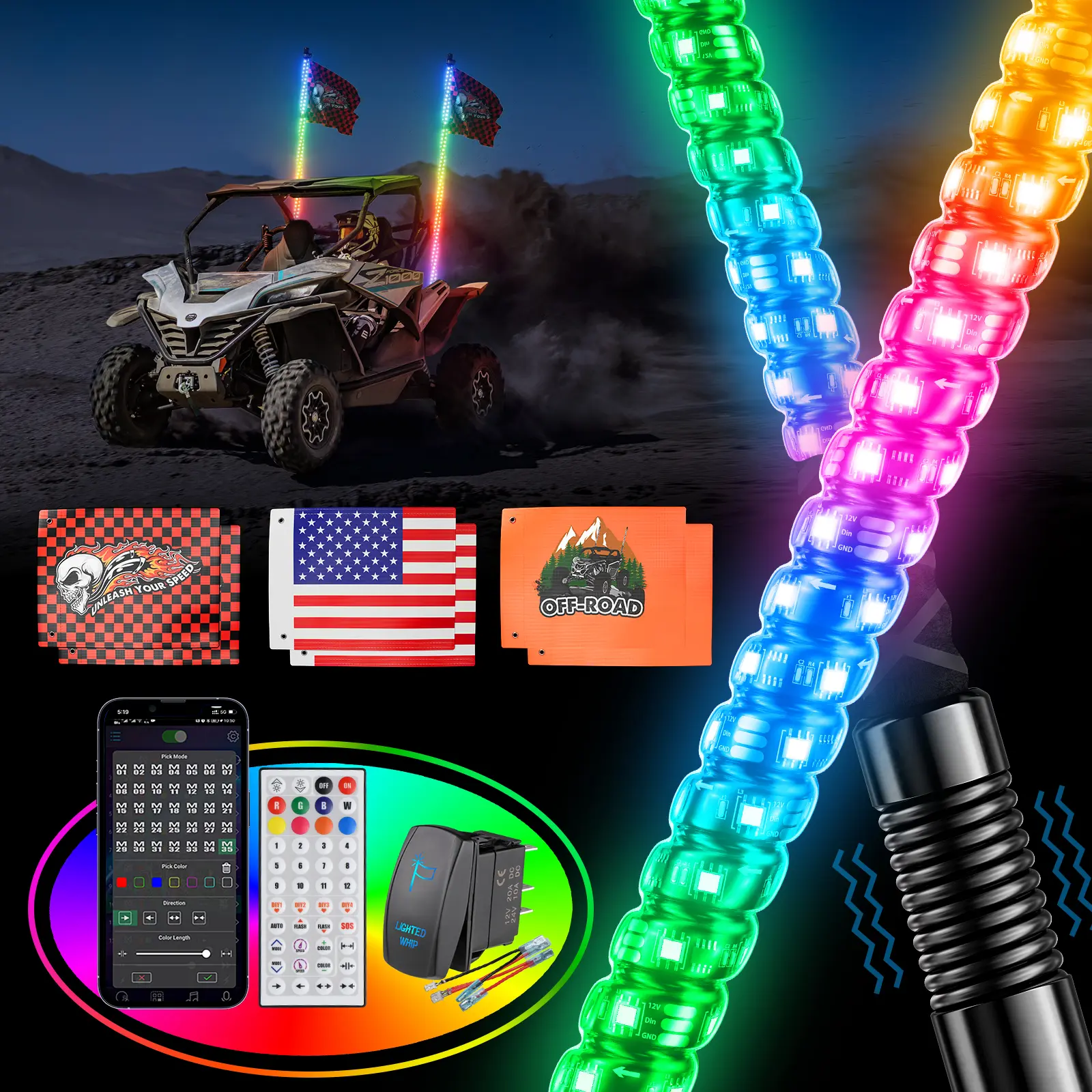 Ehaho 2PCS 3FT Whip Lights for UTV ATV with Spring Base, Tripled Brighter Led Whip Light W/Rocker Switch & 6 Flags, Spiral Chasing Lighted Antenna Whip with APP & Remote Control for RZR SXS Can-Am summerwins