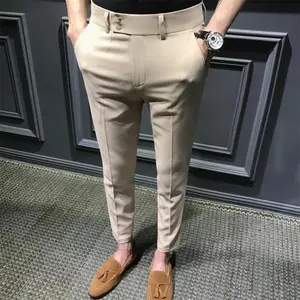 Men's Fashion Slim Fit Comfortable Ankle Length Suit Pants Casual Elastic Soild Small Foot Nine Point Pants Commuting Wear