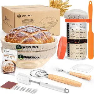 Sourdough Bread Baking Supplies, Sourdough Starter Kit, 2 9 Inch Round Banneton Bread Proofing Basket with 24 Oz Jar, Sour Dough with Danish Dough Whisk & Scraper