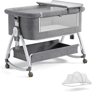 Baby Bassinet, Bedside Bassinet for Baby, 4 in 1 Portable Bassinet Bedside Sleeper with Wheels Mosquito Net & Storage Basket, 6 Height Adjustable Rocking Bassinet for Newborn Baby