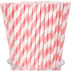 100 Packs Pink Biodegradable Striped Paper Straws, Disposable Drinking Straws for Birthday Carnival Summer Pool Party Wedding Baby Shower Halloween Christmas Party Decoration Supplies