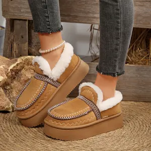 Ladies' Warm Platform Slippers - Fleece Lined Mini Snow Boots Plush Trim Indoor Outdoor Footwear