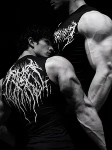 New Sleeveless T-Shirt, High Elastic Muscle Fitness Shirt, Unisex Tight Fit Vest, Geometric Muscle Texture, Quick Dry Moisture Wicking