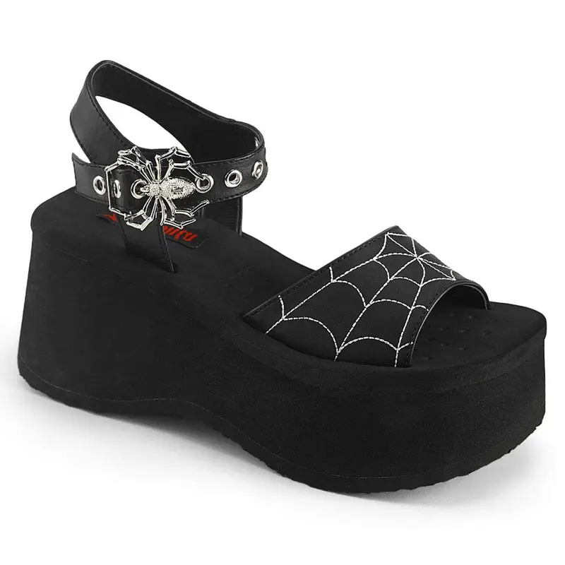 Demonia Funn-10 Women's Stylish Flatform Sandals - Open Toe, Ankle Strap, 2 1/2" Platform Wedge Shoes, Black Vegan Leather, Spider Buckle, Embroidered Vamp, Casual, Shoes for Women, Club & Party Ready