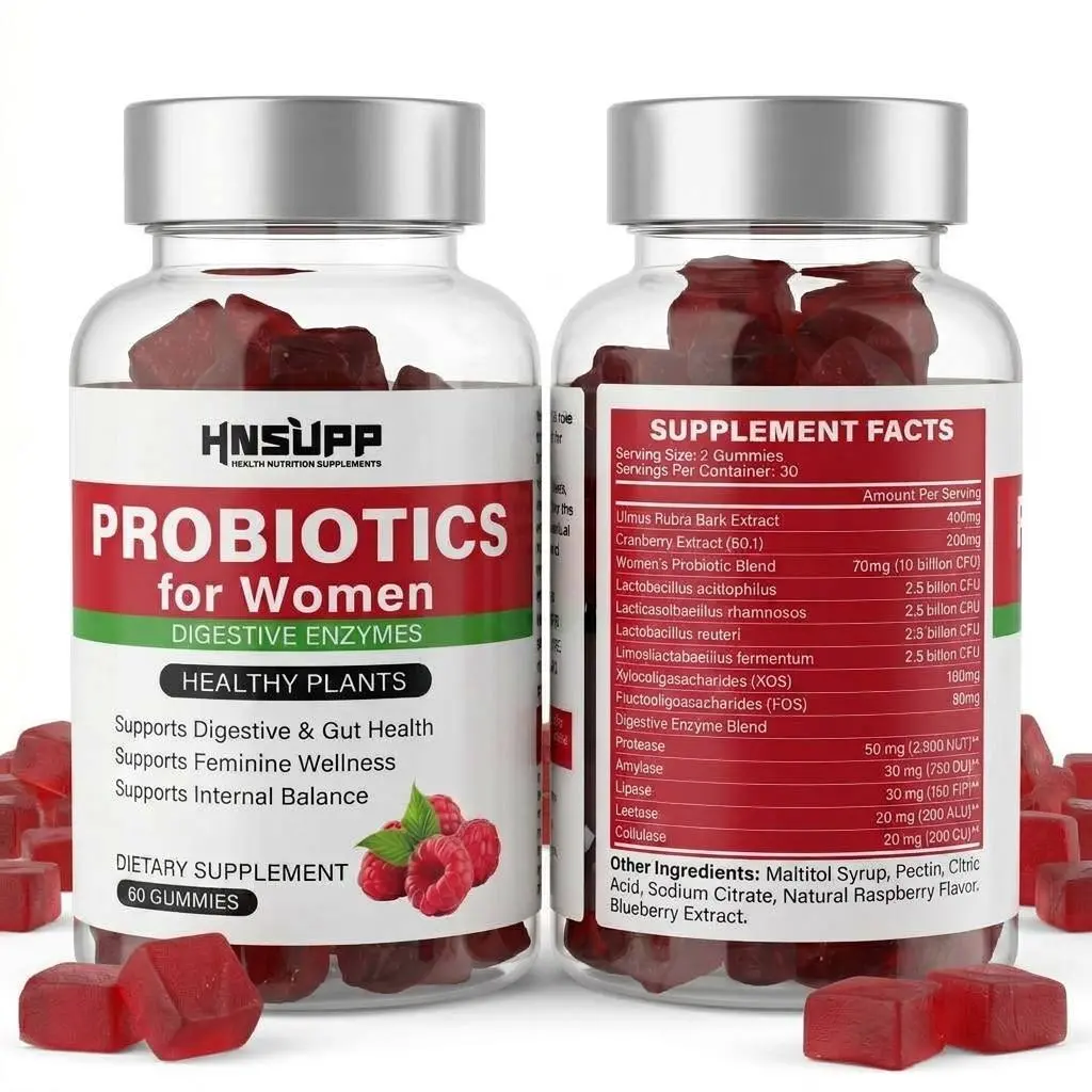 Women's Edible Raspberry Flavor Probiotic Gummies - 10B CFU Probiotics, Prebiotic XOS, Slippery Elm, Cranberry - Gut Support, pH Balance - Non-GMO, Pectin-Based, 60-Count Health & Wellness Dietary Supplement