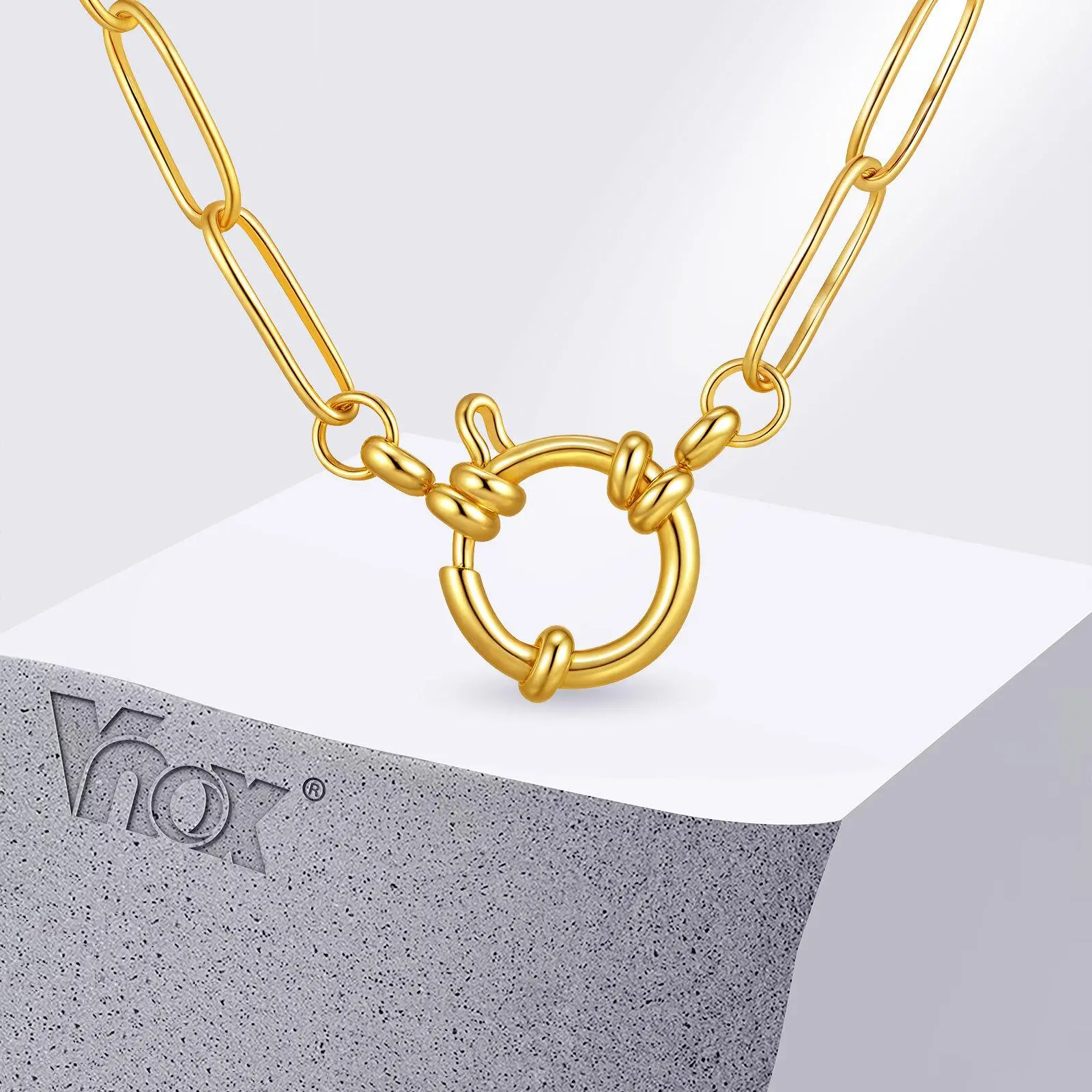 Vnox Gold Plated Stainless Steel Paper Clip Chain Necklace Bracelet, 18/45cm Length With Circular Buckle, Fashion Jewelry