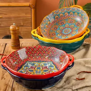 Set of 2 Large Ceramic Soup Bowls, 12 Inch Capacity, Heat Resistant Handles, Dishwasher Microwave Safe, Ideal for Home Kitchen Use, Ceramic Pasta Bowls