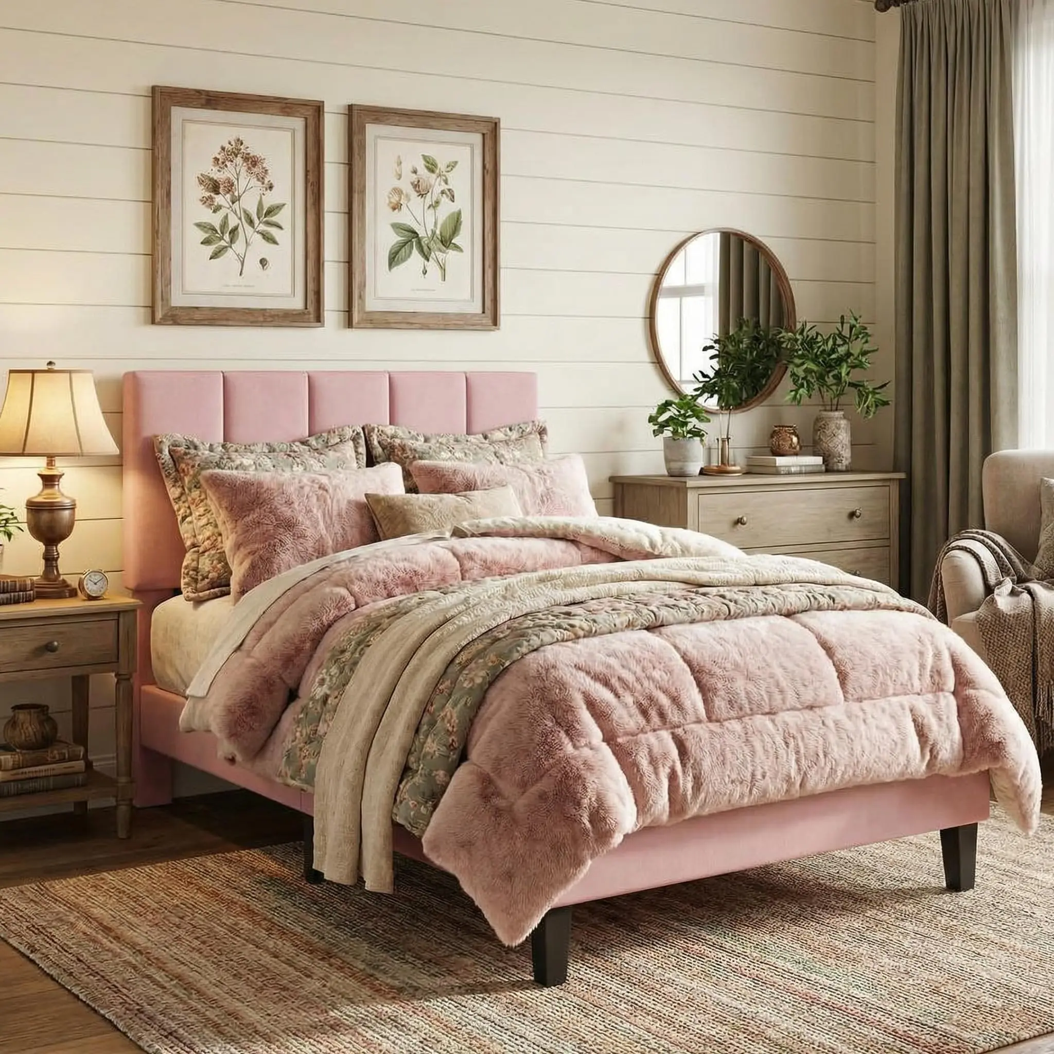Double bed frame with adjustable height vertical channel, upholstered platform bed frame with sturdy wooden support, noise-free, pink