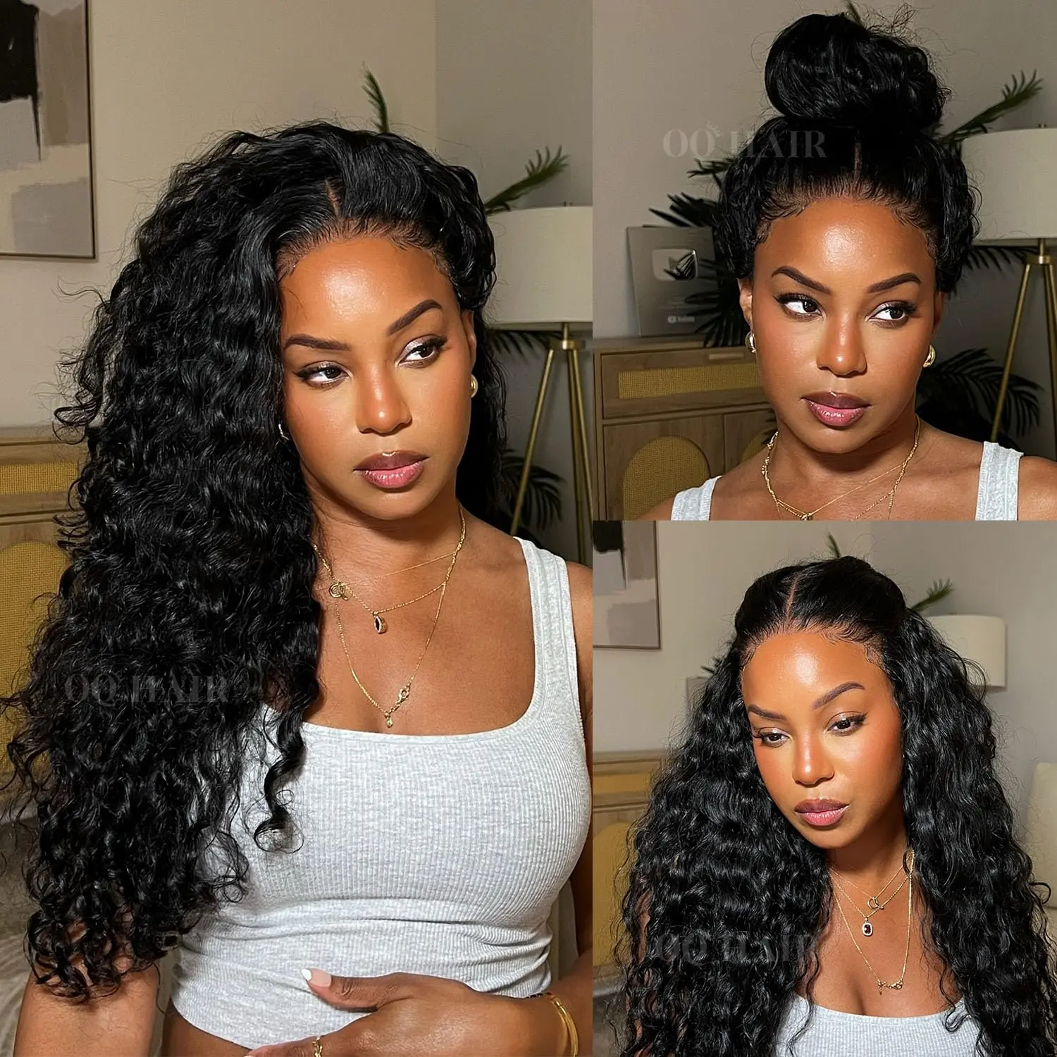 28 inch Water Wave 360 Lace Front Wigs Human Hair Hidden Straps Deep Wave HD Lace with Drawstring Natural Hairline 180% Density Human Hair Wig for Women Natural Color