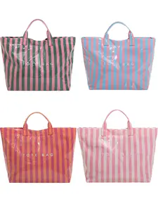 Striped Tote Bag, High-Value Lightweight Handbag, Commuter Large Capacity, Portable Travel Shoulder Bag, Casual Style, All Seasons, Beach Tote, Casual Trendy Bag, Summer Bags, Striped Pvc Tote