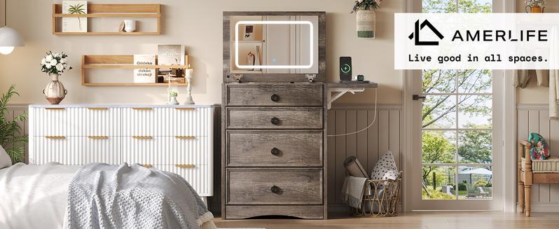 AMERLIFE 3-in-1 Makeup Vanity with Sliding Stool, Fold-up Panel, Divided Storage & Power Port, Farmhouse Makeup Table with Adjustable LED Light, for Small Space/Best Gift Ideas/Christmas Gifts