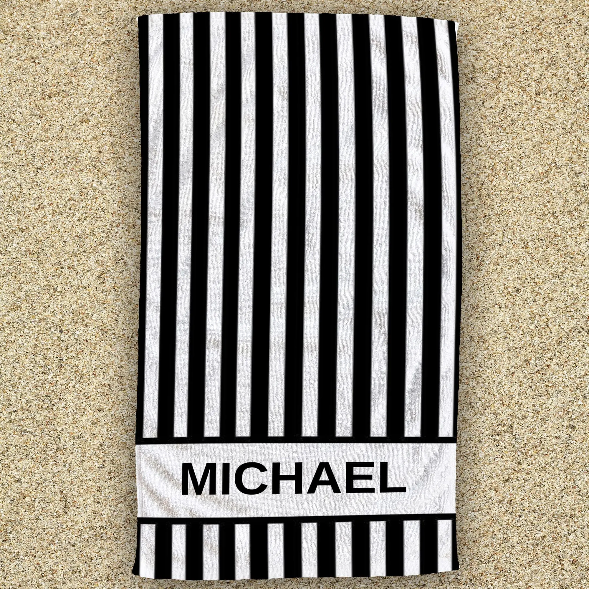 Elegant Stripes Gold Monogram Name Beach Towel - Available in choice of colors