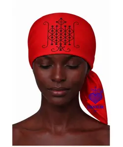 23.6X23.6 INCHES OGOU BADAGRI Mouchwa Head Scarf Mouchwa lwa mouchoir lwa Veve Ceremonial Scarf, Red Satin, Traditional Spiritual Design, Religious Altar Accessory Mouchwa Lwa Mouchoir Lwa Loa Mambo Ougan Manbo Vodoo Voudou Hoodoo Wican