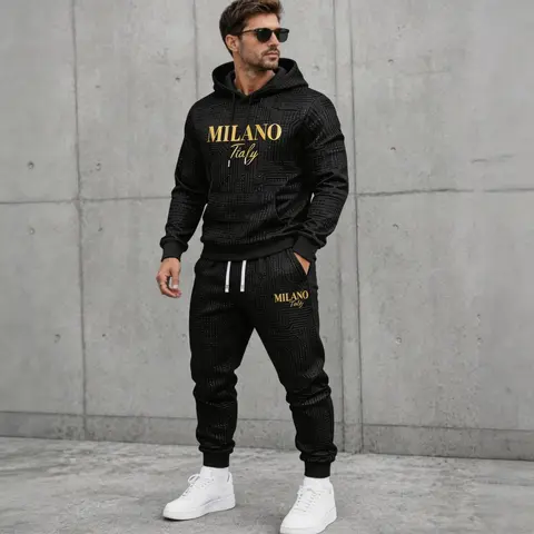 Men's 2-Piece Long Sleeve Letter-Print Knitting Hoodie & Pants Set - Activewear Athletic Sports Clothes, Drawstring, Soft Fabric, Cold Wash, Machine Washable, Outdoor Ready, Daily Wear, Sporty Chic Menswear