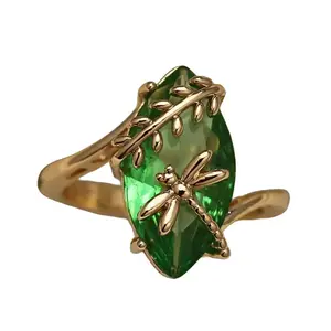 Women's Olive Green Dragonfly Colored Gemstone Ring - Fashion Animal Statement Piece with Pixie Wings, Personalized Daily Costume Jewelry, Dragonfly Shape Fantasy-Themed Gem-Laden Fairycore 3D Rings, Dragonfly Shape Rings