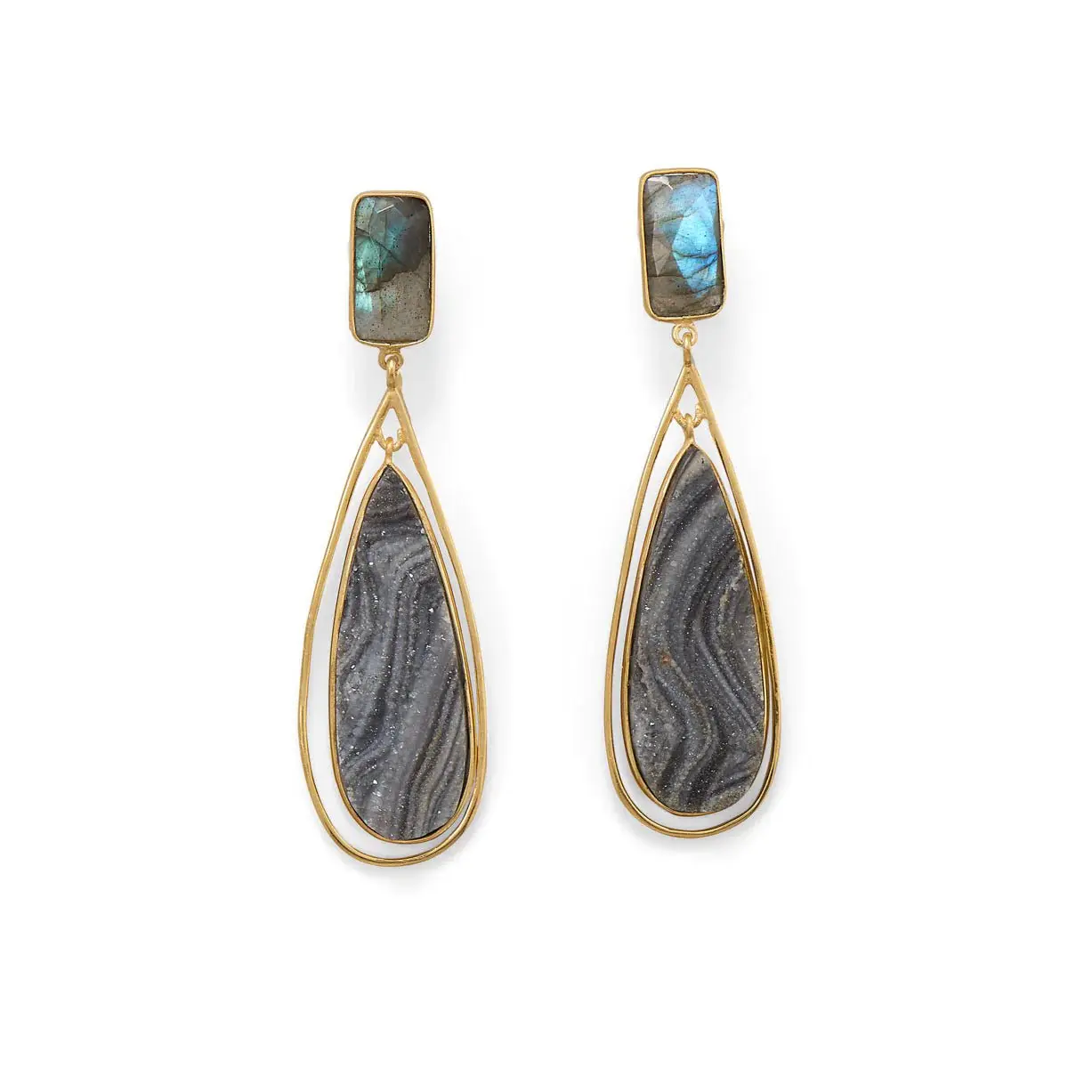 Labradorite & Desert Druzy Drop Earrings 14K Gold Plated 925 Sterling Silver 66mm