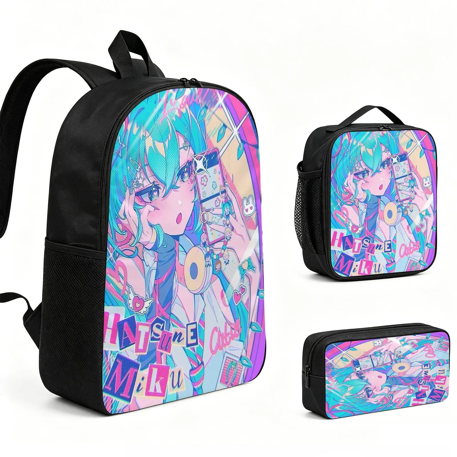 Hatsune Miku 3-Piece Backpack Set with Vibrant Print, Durable Zipper School Backpacks, Insulated Tote, Pencil Bag for Teens, Back to School Haul Daily Use Laptop Travel Daypack Gift L-214