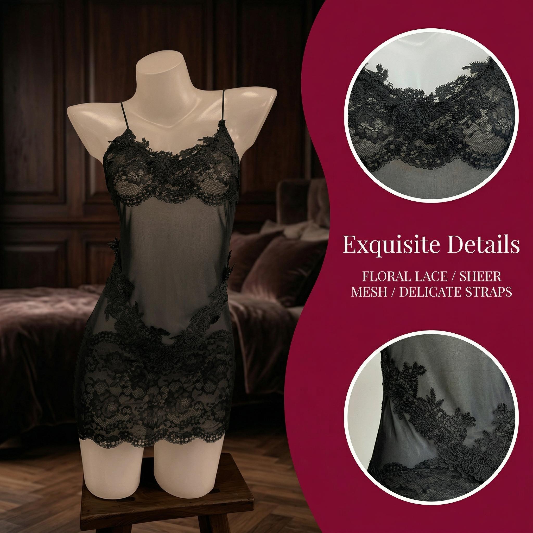 SILIX Elegant Sheer Lace Slip Dress | Breathable | Form-Fitting | Floral Mesh | Summer Women Sleepwear, Black/White Bralette