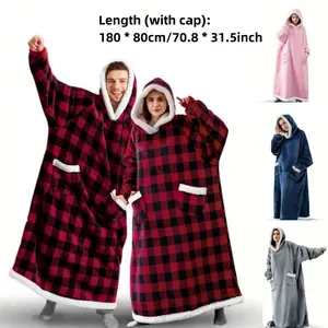 Men's & Women's Long Hooded Blanket Sweatshirt Robe, Warm Plush Pajama Bathrobe for Christmas Holiday Season, Casual Loungewear