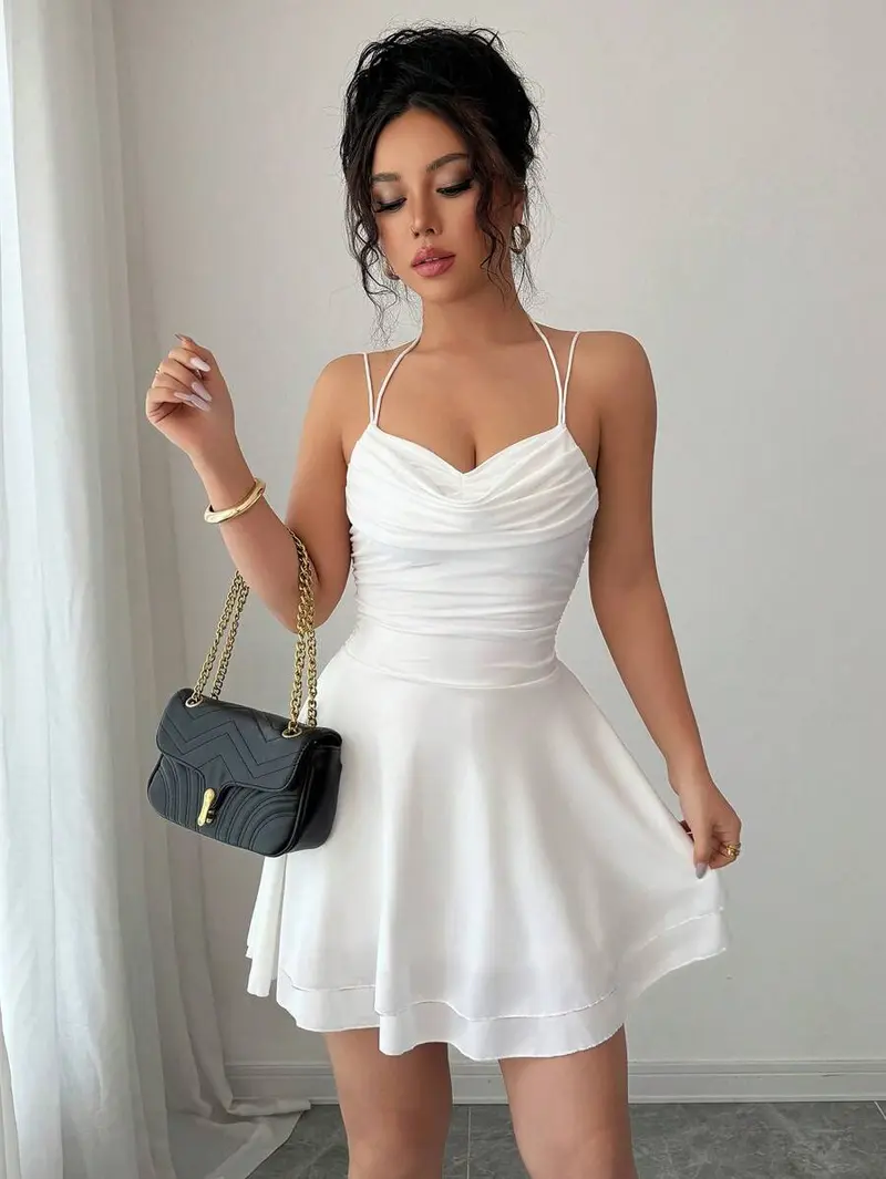 white ruched dress ANGELIC - White Ruched Dress with Structured Top main image 0