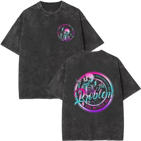 Women's Cotton Round Neck Short-Sleeve Casual T-Shirt - Custom Made, Lightweight, Foldable, Seamless Soft Fitted Solid Fabric, Sarcastic "I Asked Myself If I Was The Problem And We Said No" Saying, Tie-Dye Skeleton Design, Machine Washable All-Seasons Top