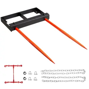 VEVOR 49 Hay Spear, Bale Spears 3000lbs Loading Capacity, Skid Steer Loader Tractor Bucket Attachment with 2pcs 17.5 Stabilizer Spears and 60 Chain, Quick Attach Spike Forks