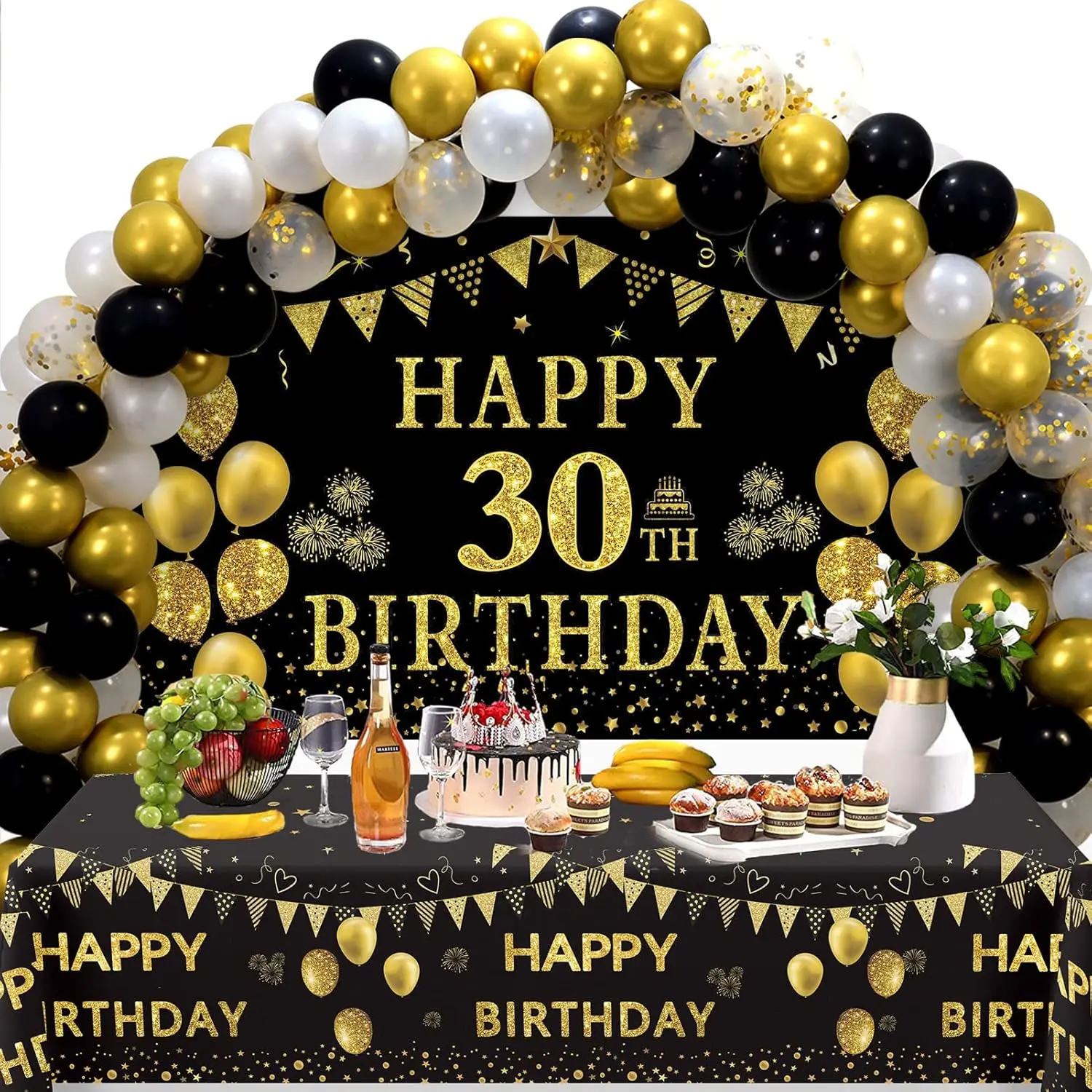 30th Birthday Decorations Arch Kit for Women and Men - Black and Gold 30th Birthday Banner, 2 Birthday Tablecloths, 60 Latex Color Balloons, 30th Birthday Party Supplies