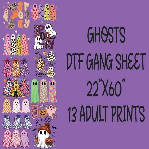 High-Quality Materials DTF Gang Sheet - 22"x60" Premade Ghosties Halloween DTF Gang Sheet for Art & Crafts Printing & Stamping