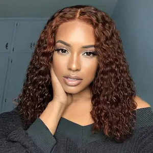 GK Chocolate Brown Deep Wave Bob Wig Human Hair Glueless 13x4 Hd Curly Lace Front Wigs Human Hair 180% Density 4# Colored Pre Plucked Human Hair Wig Short Bob Wigs For Black Women