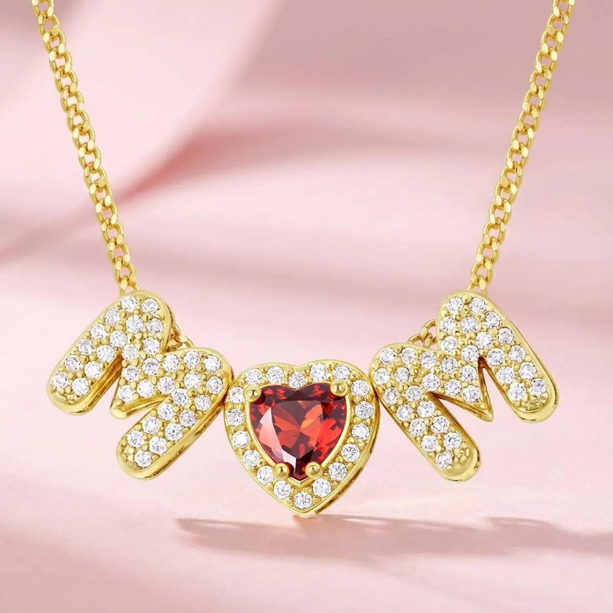 Mom Birthstone Necklace for Women, 14K Gold Plated Heart Bubble Mom Letter Pendant Necklace Birthday Gifts for Women Mom