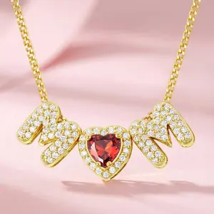 Mom Birthstone Necklace for Women, 14K Gold Plated Heart Bubble Mom Letter Pendant Necklace Birthday Gifts for Women Mom