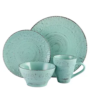 212 MAIN 16-Piece Beach Theme Stoneware Dinnerware Set - Turquoise Sand Texture Plates & Bowls, Oven-Safe, Dishwasher-Safe (Elama ELM-MALIBU-WAVES)