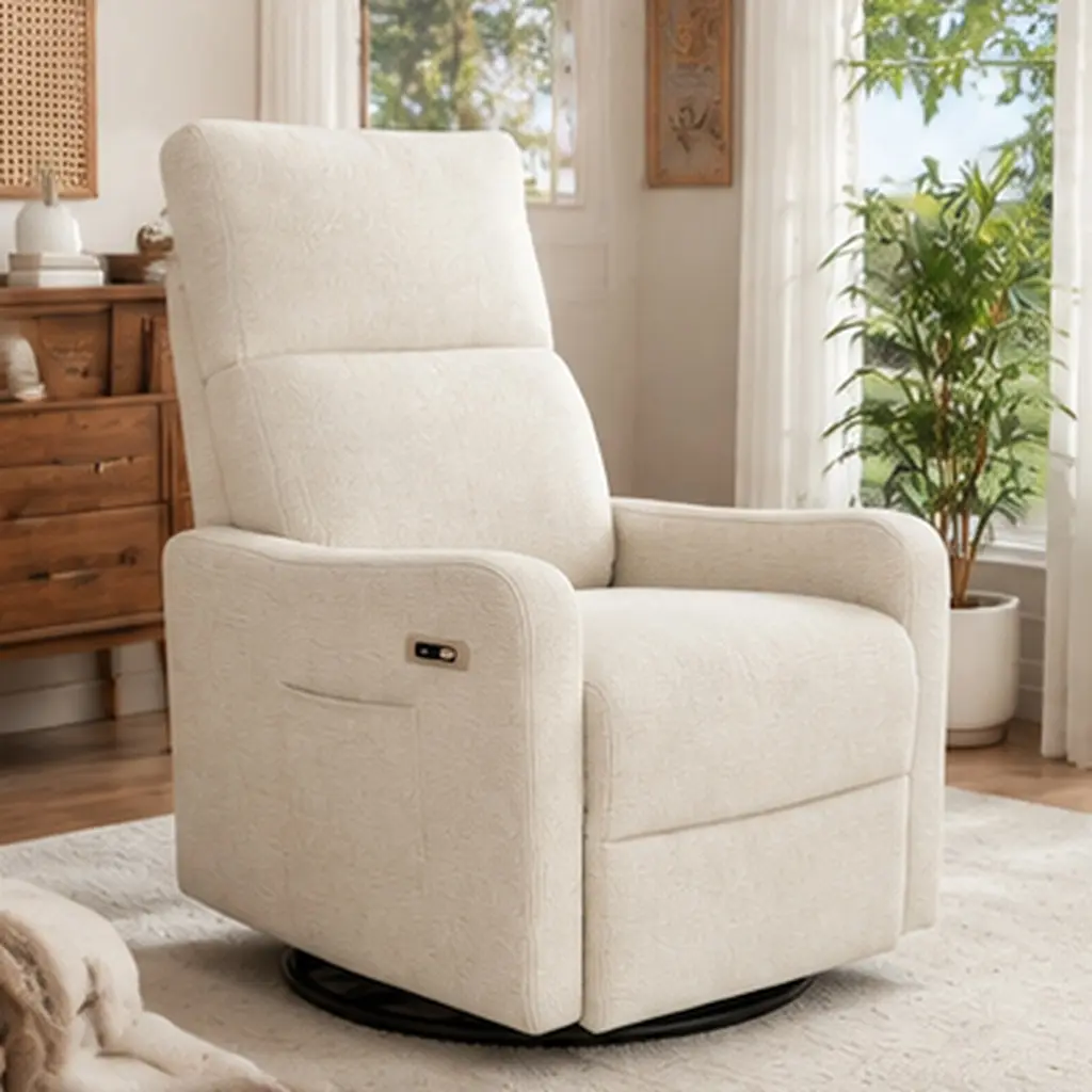 Power Swivel Recliner Chair for Adults, 270° Swivel Rocker Recliner with USB Port, Small Space Rocking Recliner for Living Room, Upholstered Fabric Glider Recliner with Tufted Back, Beige Snowflake Velvet, Beige Color Options