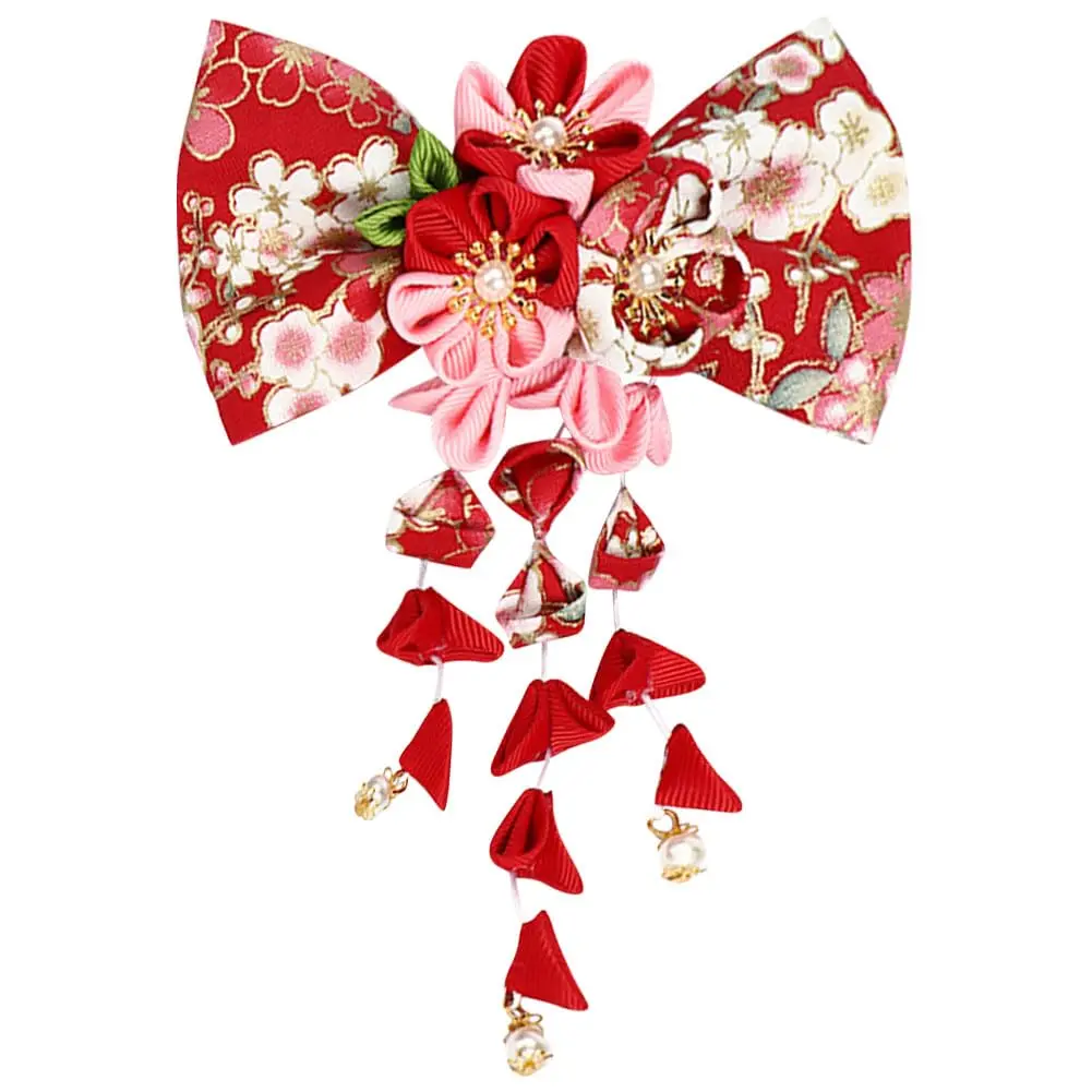 Umibow Japanese Kimono Flower Hair Clip Bowknot Tassel Hairpin Japanese Style Traditional Tsumami Kanzashi Hair Barrettes Hanfu Hair Pin Wedding Hair Accessories(Red)