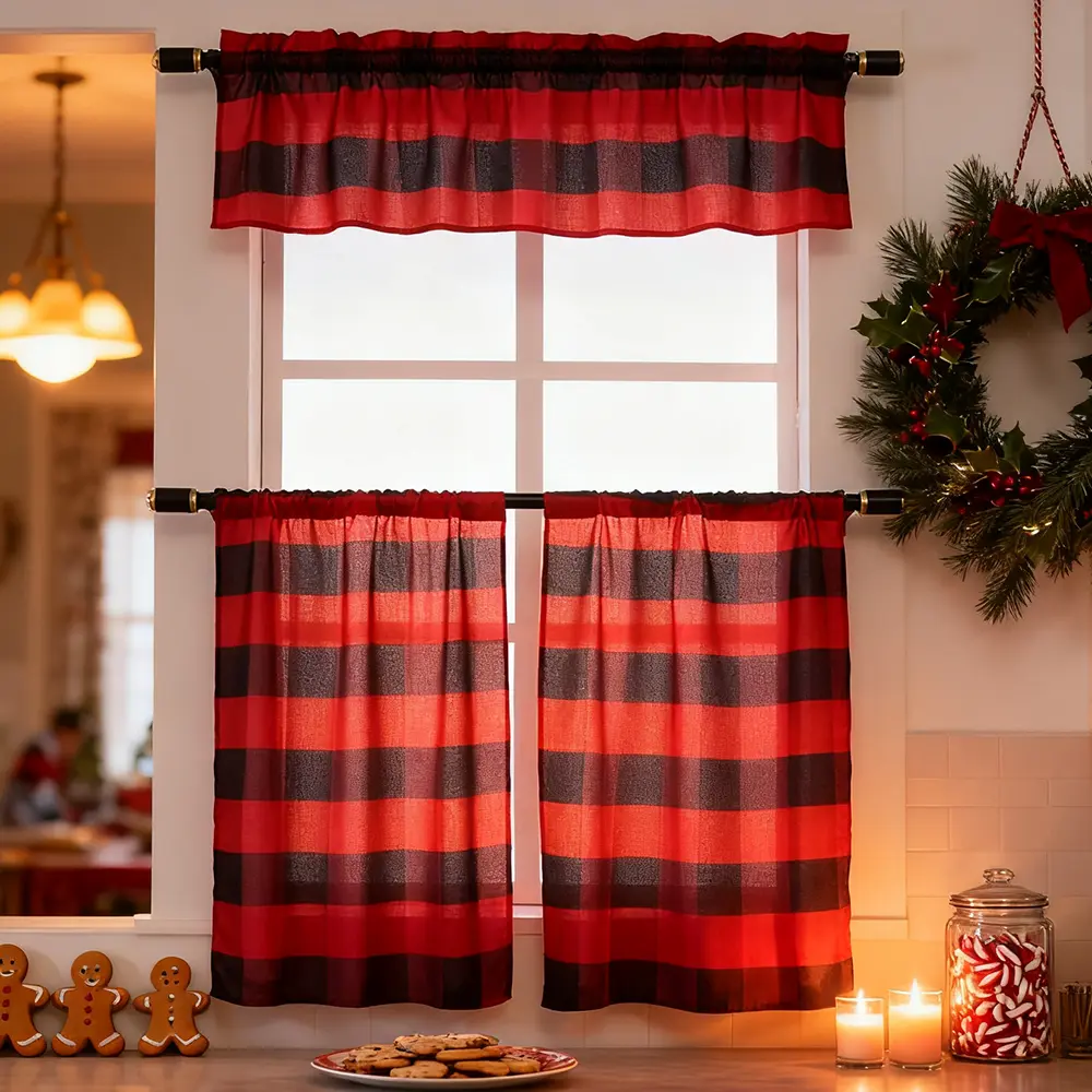 Classic 3-Piece Buffalo Plaid Polyester Kitchen Curtain Set - Home Textile Window Treatment with Swag, Tier Drapes, Machine Washable, Durable Household Accessory