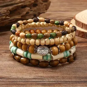 5pcs Bohemian Style Wooden Bead Bracelet Set - Multicolor, Elegant Alloy Accents, December Birthstone, Ideal Valentine's Day Gift & Year-Round Fashion Accessory fashionable matching dainty gold nurse appreciation gift hand bracelet  men pulseras elegant