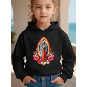 Girls' Virgin Mary & Rosary Print Hooded Sweatshirt - Soft Catholic Religious Clothing for Winter Warmth, Virgin Mary Icon & Rosary Beads Design, Cozy Fall/Winter Wear for, Church Events & Everyday Outfits