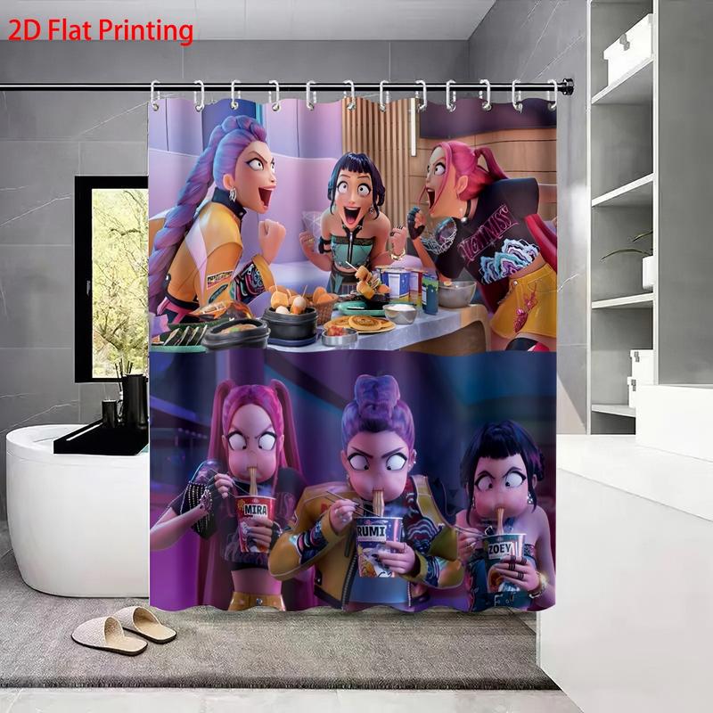 K-POP Demon Hunters Bathroom Set, Including Shower Curtain with 12 Hooks, Non-Slip Bath Rug, U-Shaped Toilet Mat, Toilet Lid Cover, Bathroom Decoration Accessories
