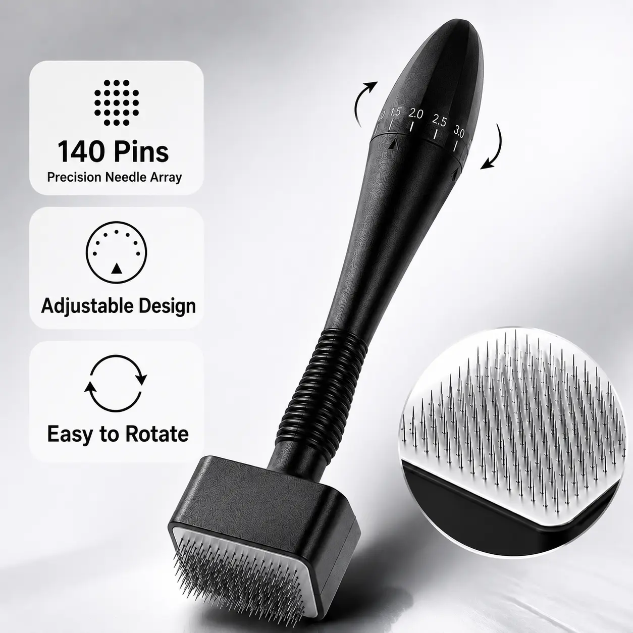 Microneedle Stamp Tool 140 Pins, Adjustable Derma Stamp for Face & Scalp Care, Precision Needle Array with Easy Rotation Dial, Professional Inspired At-Home Skincare Beauty Tool