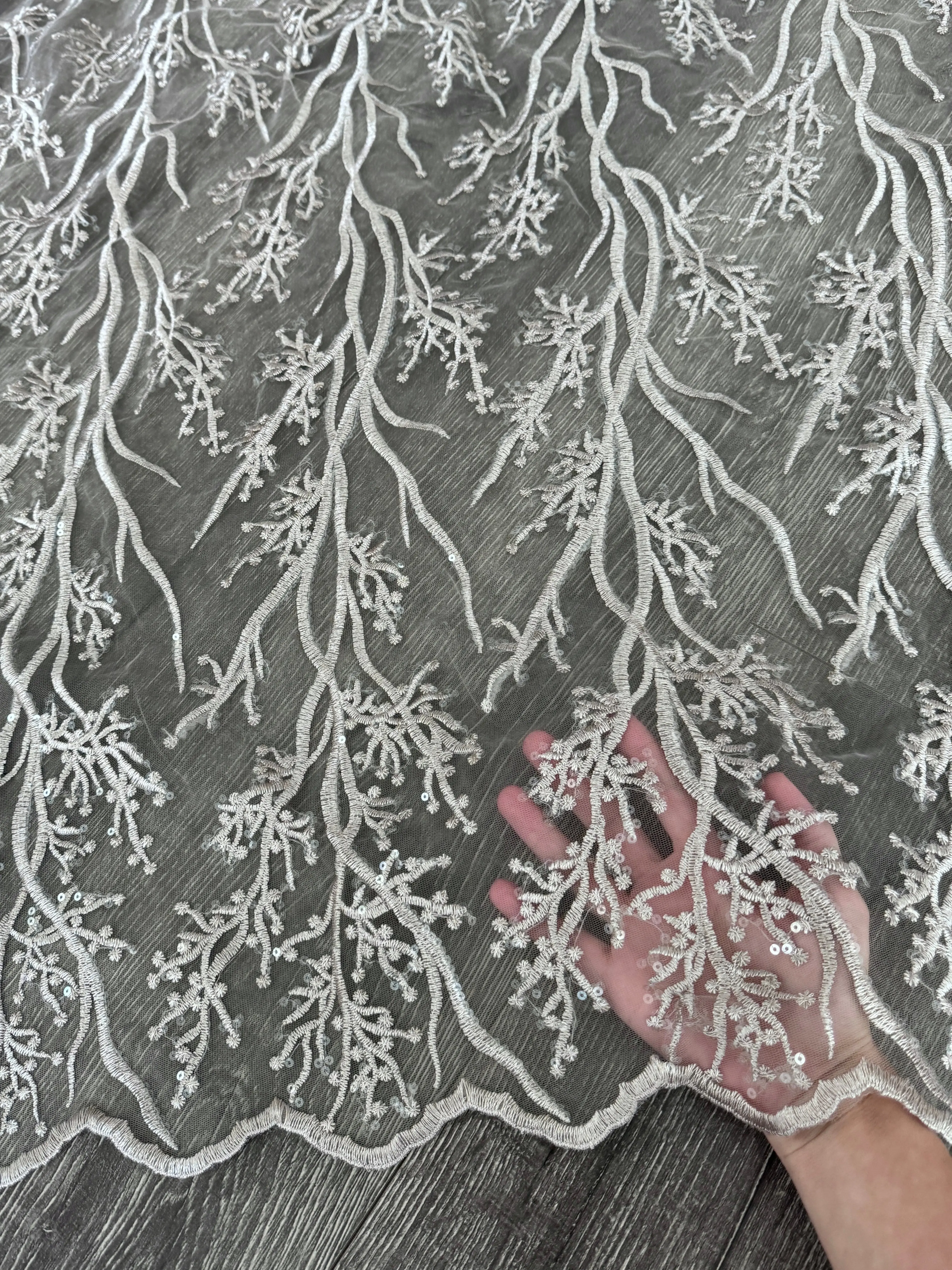 Silver Embroidered Branch Bridal Lace